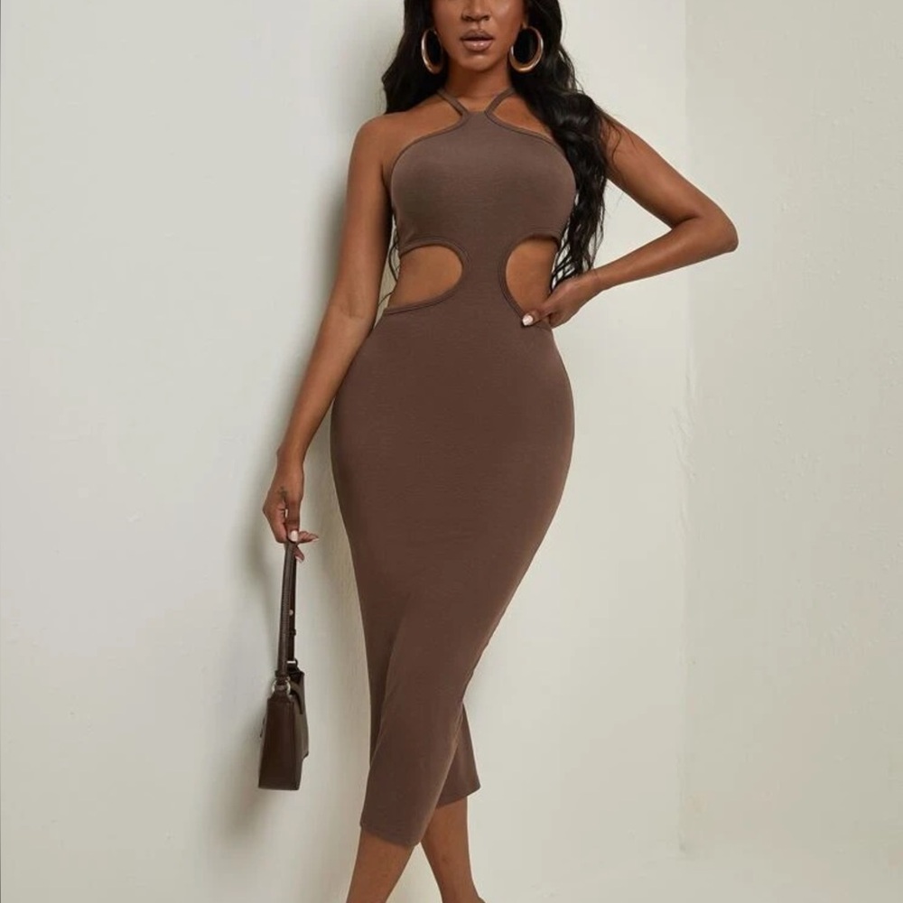 Elegant Brown Cutout Midi Dress